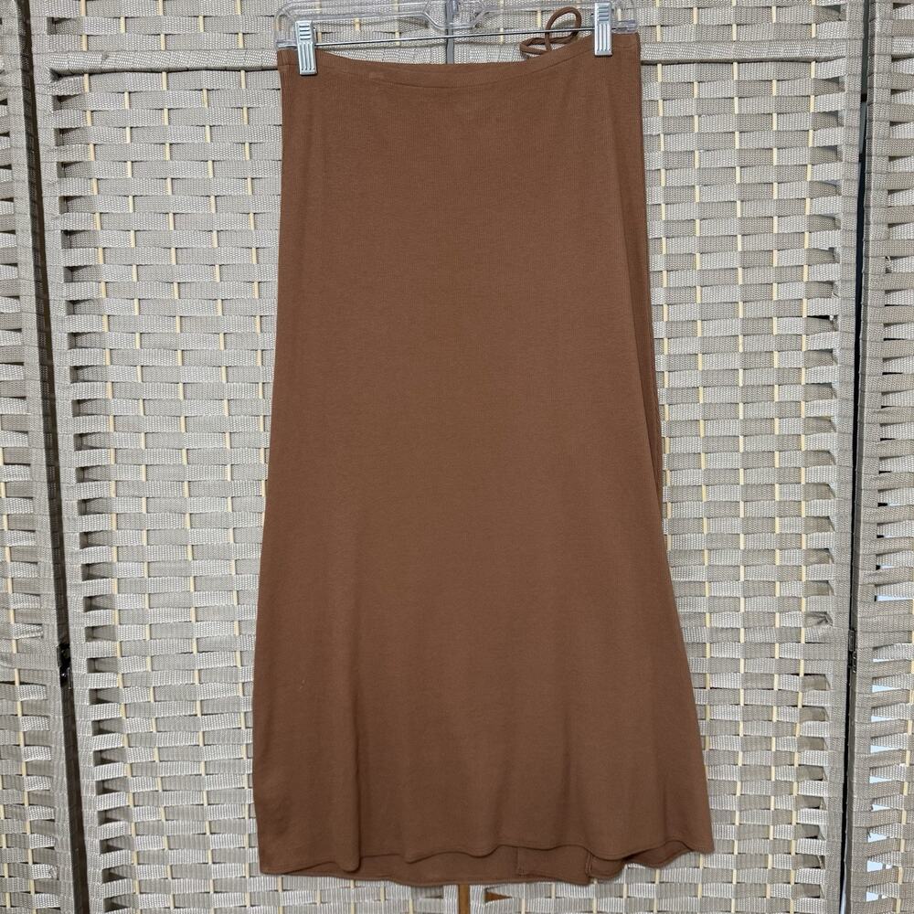 Aerie BEACHWALK Midi Skirt Size M Mocha Ribbed Knit Ruched Pull On Side Slit NWT - Picture 2 of 9
